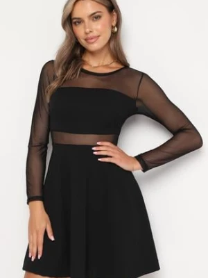 Czarna Rozkloszowana Sukienka Mini ze Wstawkami z Siateczki Olessea new collection