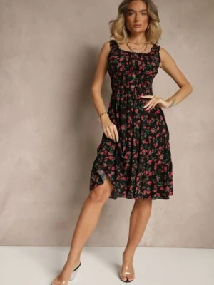 Czarna Rozkloszowana Sukienka na Ramiączkach w Kwiatowy Print Xallio defox
