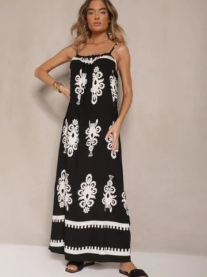 Czarna Rozkloszowana Sukienka na Ramiączkach w Ornamentalny Print Reveleine h&s