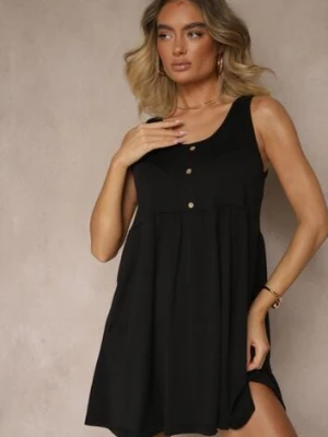 Czarna Rozkloszowana Sukienka na Szerokich Ramiączkach Zdobiona Guzikami Jenandria defox