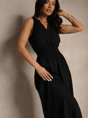 Czarna Rozkloszowana Sukienka o Kopertowym Fasonie z Gumką w Talii Filadira j&x