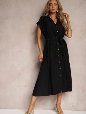 Czarna Rozkloszowana Sukienka o Koszulowym Kroju Ozdobiona Paskiem w Talii i Guzikami Rosofia unigirl