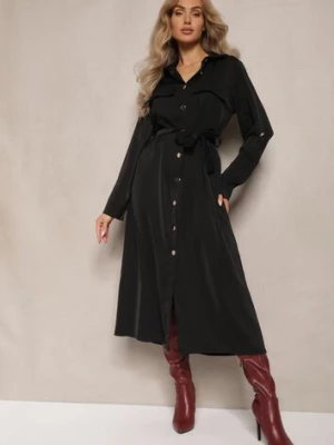 Czarna Rozkloszowana Sukienka o Koszulowym Kroju z Guzikami Wiązana w Talii Kortiana lily rose