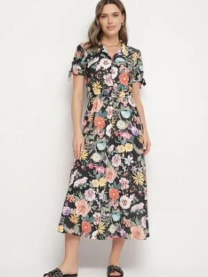 Czarna Rozkloszowana Sukienka o Koszulowym Kroju z Paskiem w Kwiatowy Wzór Fevelorine lovery