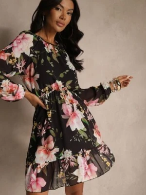 Czarna Rozkloszowana Sukienka Ozdobiona Kwiatowym Wzorem Zerovia lovery