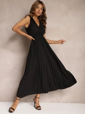Czarna Rozkloszowana Sukienka Plisowana z Wiskozą i Bawełną Wykończona Gumką w Talii Yefia