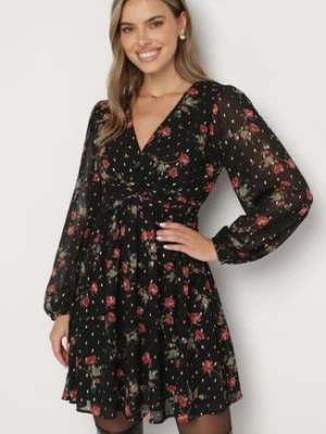 Czarna Rozkloszowana Sukienka Taliowana w Kwiaty z Rękawami ze Ściągaczami Everia retro & icone