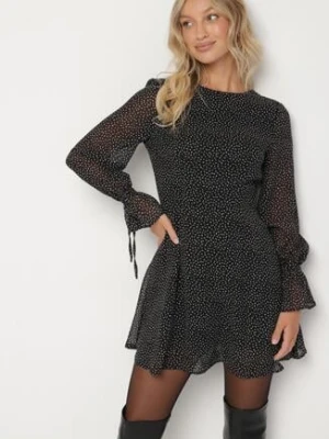 Czarna Rozkloszowana Sukienka Vices z Bufiastymi Rękawami w Kropki Eriane
