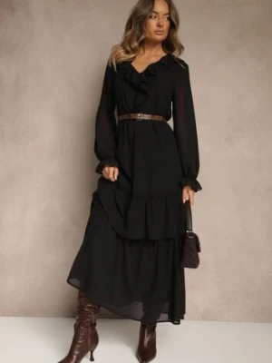 Czarna Rozkloszowana Sukienka VICES z Falbanami i Transparentnymi Rękawami Aruvite
