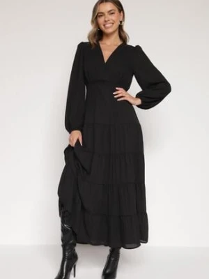 Czarna Rozkloszowana Sukienka Vices z Kopertowym Dekoltem Reslosa