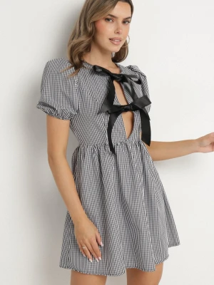 Czarna Rozkloszowana Sukienka w Kratkę Vichy w Stylu Retro z Wiązaniem Telionea Lovery