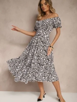 Czarna Rozkloszowana Sukienka w Kwiatowy Print z Bawełną i Dekoltem Łódką z Bufkami Saniren wei wei