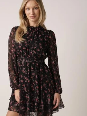 Czarna Rozkloszowana Sukienka w Kwiaty i Kropki z Transparentnymi Rękawami Edinella