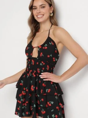 Czarna Rozkloszowana Sukienka w Wisienki z Falbankami i Dekoltem Halter Lanideia defox