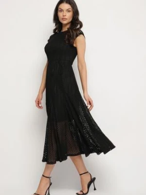 Czarna Rozkloszowana Sukienka z Ażurowym Wzorem i Paskiem Galindella bisou's project