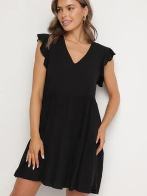 Czarna Rozkloszowana Sukienka z Bawełny Ozdobiona Falbankami Natiriane defox