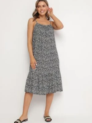 Czarna Rozkloszowana Sukienka z Bawełny w Kwiatowy Wzór Nilaretia defox