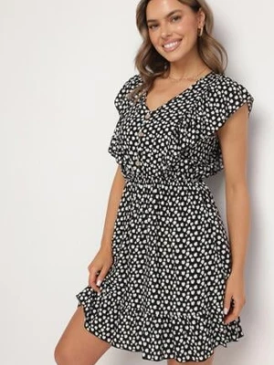 Czarna Rozkloszowana Sukienka z Bawełny w Kwiaty z Guzikami Ronelle defox