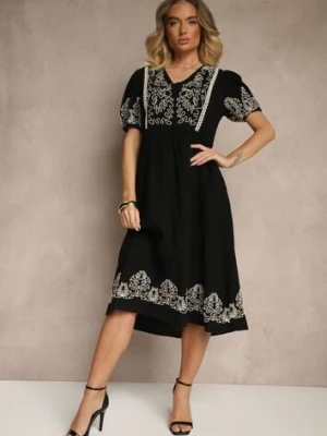 Czarna Rozkloszowana Sukienka z Bawełny w Stylu Boho z Haftowanymi Zdobieniami Lannilsa rosa