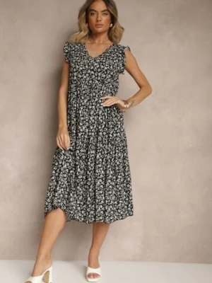 Czarna Rozkloszowana Sukienka z Bawełny z Dekoltem w Serek Zdobiona Falbanami Iffilara defox