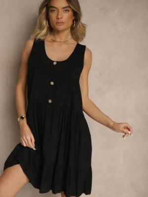 Czarna Rozkloszowana Sukienka z Bawełny Zdobiona Guzikami Iffanise defox