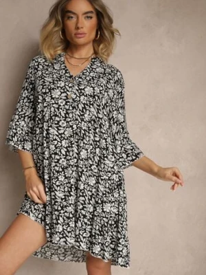 Czarna Rozkloszowana Sukienka z Bawełny Zdobiona Kwiatowym Wzorem Jenelitia defox
