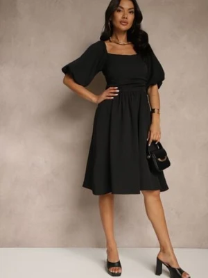 Czarna Rozkloszowana Sukienka z Bufiastymi Rękawami i Kwadratowym Dekoltem Mariwena retro & icone