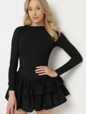 Czarna Rozkloszowana Sukienka z Długim Rękawem i Falbanką Reonaria new fashion