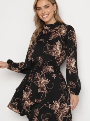 Czarna Rozkloszowana Sukienka z Falbankami Abstrakcyjnym Zdobieniem i Gumką w Tali Zinfrea retro & icone