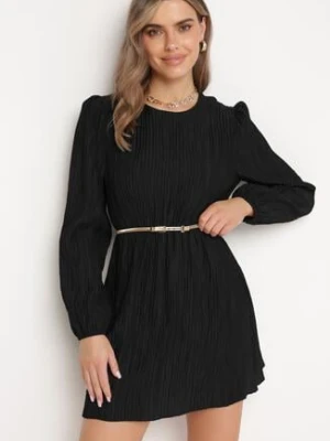 Czarna Rozkloszowana Sukienka z Gumką w Pasie i Długim Rękawem Biasha lily rose