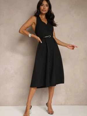 Czarna Rozkloszowana Sukienka z Guzikami Folunira lovery