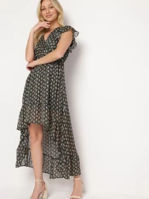 Czarna Rozkloszowana Sukienka z Kopertowym Dekoltem z Gumką w Pasie i Falbanką Tiamala rosa