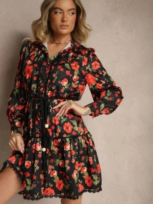 Czarna Rozkloszowana Sukienka z Koronkowymi Wstawkami i Sznurkiem Payten elsa.m by may