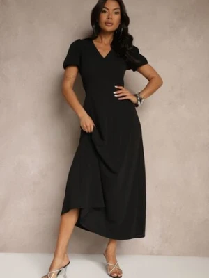 Czarna Rozkloszowana Sukienka z Lekko Bufiastymi Rękawami i Dekoltem V Efrusae by swan