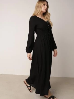 Czarna Rozkloszowana Sukienka z Lnem i Wiskozą Zdobiona Guzikami Maitiella m&d fashion