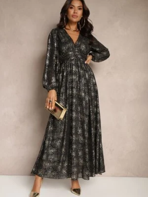 Czarna Rozkloszowana Sukienka z Ozdobnym Metalicznym Wzorem i Gumką w Talii Bonina retro & icone