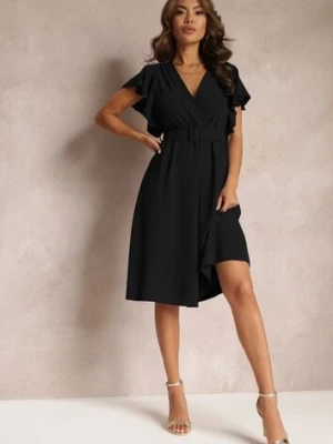 Czarna Rozkloszowana Sukienka z Paskiem i Kopertowym Dekoltem Brinea lovery