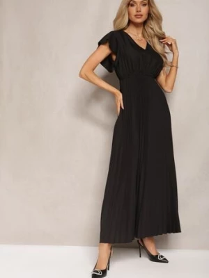 Czarna Rozkloszowana Sukienka z Plisami Maxi z Falbankami przy Ramionach Nethula