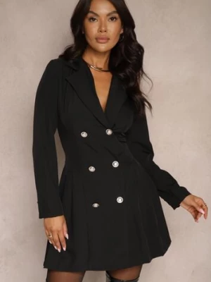 Czarna Rozkloszowana Sukienka z Plisami o Kroju Marynarki z Ozdobnymi Guzikami Avriana new collection