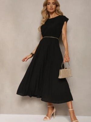 Czarna Rozkloszowana Sukienka z Plisowaniem i Krótkim Rękawem Hevina unigirl