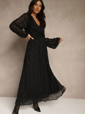 Czarna Rozkloszowana Sukienka z Siateczki w Kwiatowy Wzór Fezuna