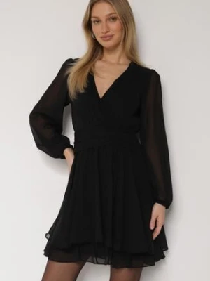 Czarna Rozkloszowana Sukienka z Siateczki z Kopertowym Dekoltem Zenessa