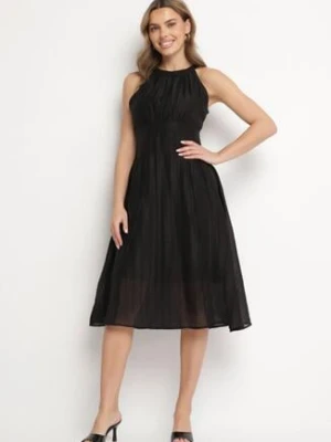 Czarna Rozkloszowana Sukienka z Tłoczonej Tkaniny z Wiązaniem z Tyłu Nimioretta rosa