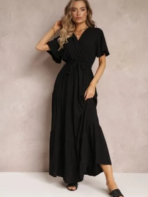 Czarna Rozkloszowana Sukienka z Wiązanym Paskiem Adotine cflo