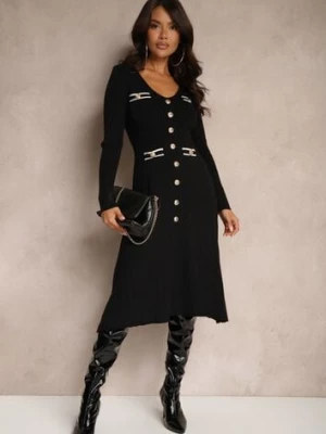 Czarna Rozkloszowana Sukienka z Wiskozą Imitacją Kieszeni i Guzikami Izadria unigirl