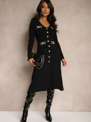 Czarna Rozkloszowana Sukienka z Wiskozą Imitacją Kieszeni i Guzikami Izadria unigirl
