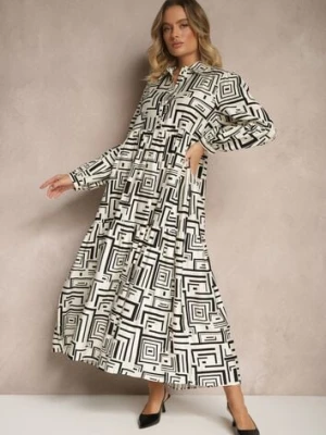 Zdjęcie produktu Czarna Rozkloszowana Sukienka z Wiskozą w Geometryczny Print Apirestia Rosa