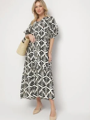 Czarna Rozkloszowana Sukienka z Wiskozą z Motywem Roślinnym Loredia rosa