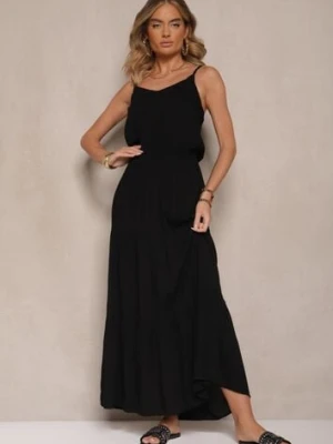 Czarna Rozkloszowana Sukienka z Wiskozy na Ramiączkach Flesira sublevel