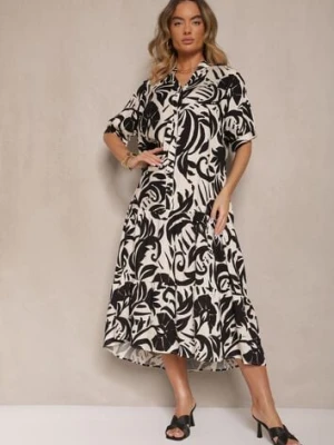 Czarna Rozkloszowana Sukienka z Wiskozy Ozdobiona Falbaną Filesenia j&x